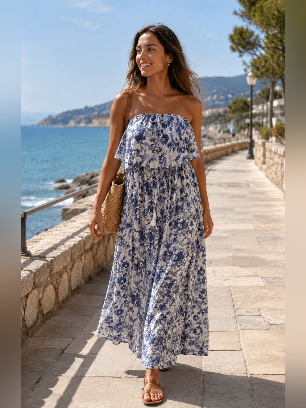 Japna Blue and White Strapless Floral Maxi Dress Size M